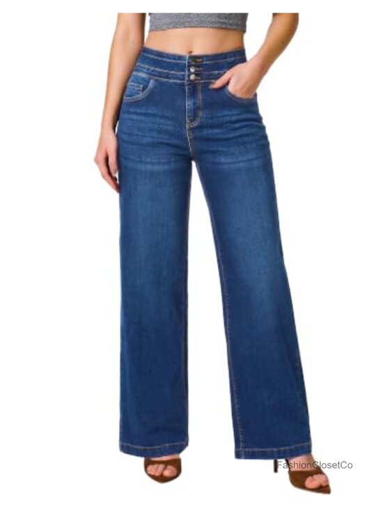 Denim - Women's Wide Leg High Waisted Stretch Baggy Loose Denim Pants